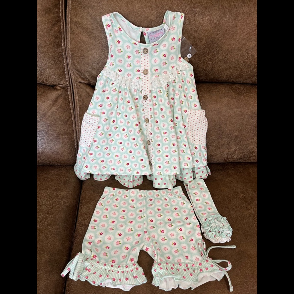 NWT Serendipity Sweet Pea Pocket Tunic W/ Ruffled Shorts & Headband Size 6
